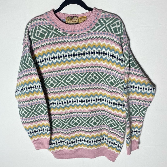 Cotton Ginny Sweaters - Vintage Cotton Ginny Striped Pastel Cotton Knit Crew Neck Sweater S